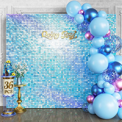 Qcity Rainbow Blue Shimmer Wall Backdrop 36PCS, Black Back Not See-Through Design, Square Sequin Glitter Backdrop Panel, Perfect for Outdoor Events, Birthdays, Wedding and Party Decoration