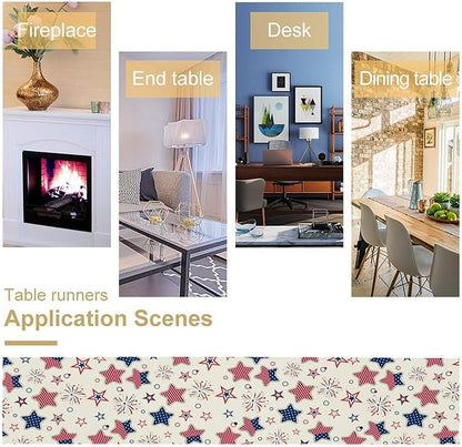 4th of July Table Runner, American Patriotic Independence Day Red Blue White Stars Stripes Fireworks Print Table Runner for Home Party Decor Kitchen Dining Table, 13x36inch