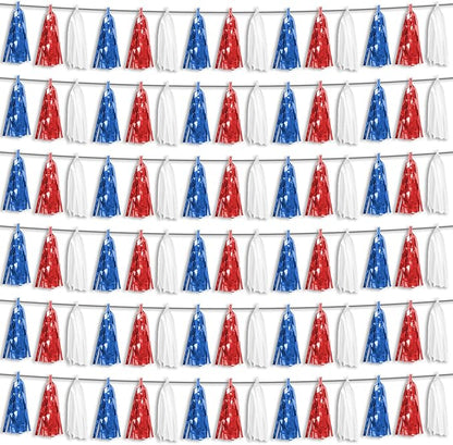 6P Red Blue White Foil Fringe Metallic Tassel Streamers Banner Tassel Garland for Parade Floats, Bachelorette, Wedding, Birthday, Graduation, Christmas, Bridal/Baby Shower Party Decorations