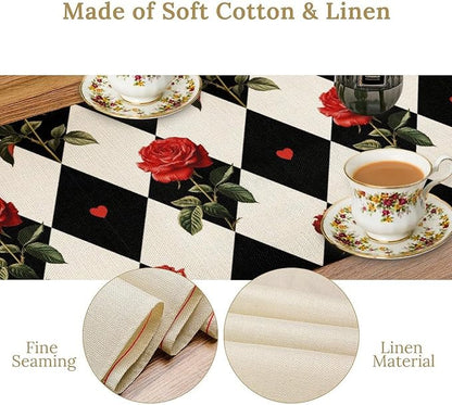 Vintage Rose Table Runner, Red Rose Hearts Black White Checkered Background Table Runner for Kitchen Dinning Table Runner Decor Home Wedding Party Holiday, 13x60 Inch