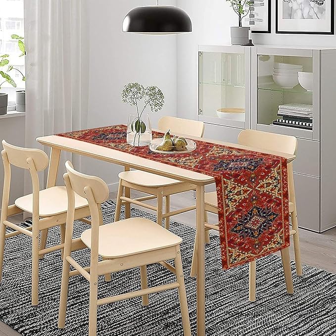 Boho Old French Table Runner, Vintage Red Beige Retro Flower Rustic Country Style Floral Print Pattern for Home Kitchen Table Decor Dining Coffee Room Garden Party Decor 13x36in