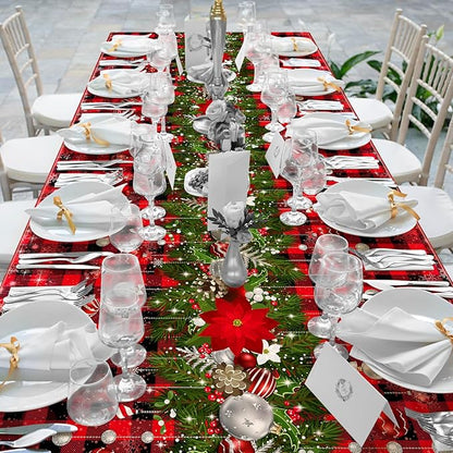 6Pcs Christmas Buffalo Plaid Snowflake Tablecloths,Plastic Red and Black Checkered Rectangle Christmas Tree Color Ball Table Cover for Winter Christmas New Year Holiday Party Decorations,54x108 inch