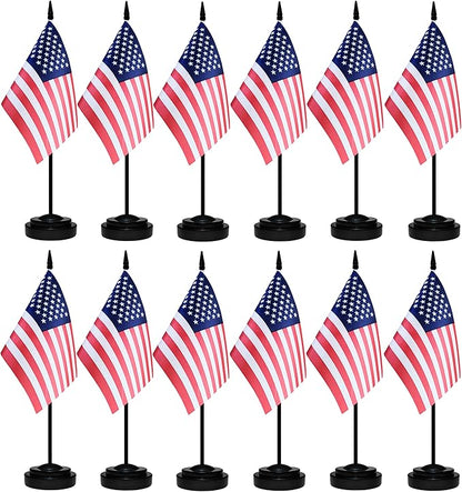 12 Pack USA Desk Flags Set, American US Small Mini Table Office Flags with 12" Solid Black Pole, 8.2 x 5.5 Inches, Home and Office Decoration, Festival Celebrations
