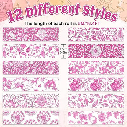 Whaline 12 Rolls Pink Floral Washi Tape Chinoiserie Flower Decorative Masking Tape Set Vintage Wrapping Paper Tape for Scrapbook Journal DIY Art Crafts
