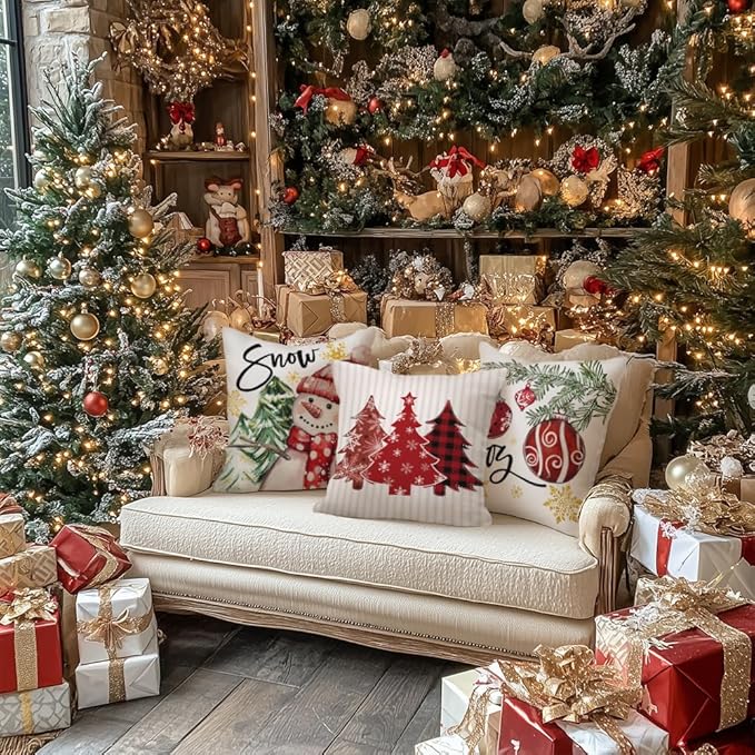 GEEORY Winter Christmas Throw Pillow Covers 20 x 20 Inch Set of 4, Xmas Trees Snowflake Snowman Joy Holiday Farmhouse Decorative Cushion Cases for Home Decoration G583-20