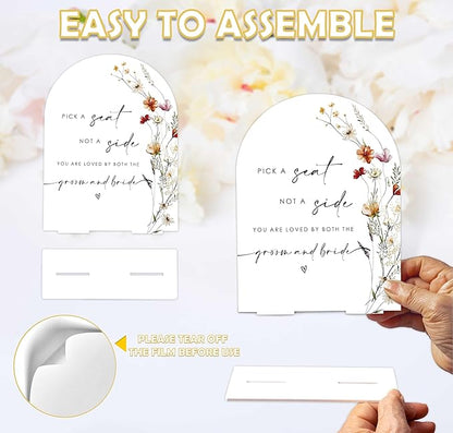 Boho Floral Pick a Seat Not a Side Sign, 6 x 8 Inch White Arch Acrylic Wedding Sign with Holder, Wedding Sign for Ceremony and Reception, Wedding Decoration, Wedding Supplies - BX18