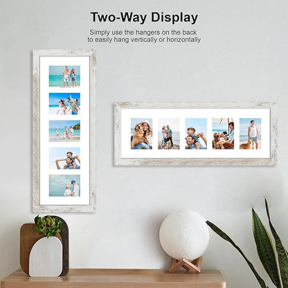 8x24 Picture Frame 2 Pack, Distressed White Wood Frame with Tempered Glass, Display Pictures Multiple Five 4x6 With Mat or 8 x 24 Without Mat - Horizontal or Vertical Wall Mounting