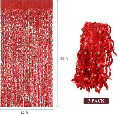 3 Pack Red Backdrop Curtain - CYLMFC 3.3 ft x 6.6 ft Foil Backdrop Curtain Streamers Birthday Decorations for Birthday Party Christmas Graduation Decor