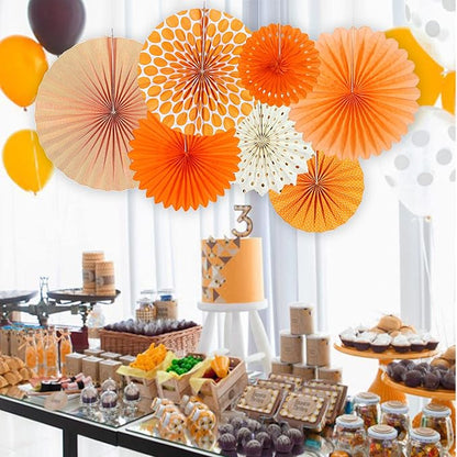 Easy Joy Paper Fans Party Decorations Orange Hanging Paper Fans Sunshine Party Decorations Birthday Wedding Home Classroom Party Hanging Decoration, Set of 7
