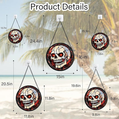 Stained Glass Window Hanging - Halloween Decorations White Skeleton Suncatcher for Doors Garden Indoor Spooky Funny Red Sun Catchers Gothic Decor Horror Gifts for Women Men Friend 15 in