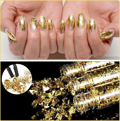 5Pcs Decorative Gold Leaf, Multifunction Gold Flakes Cake Decoration Baking Foil Decor with Plastic Tweezers for Cooking Dessert Steak Decoration Crafts Makeup