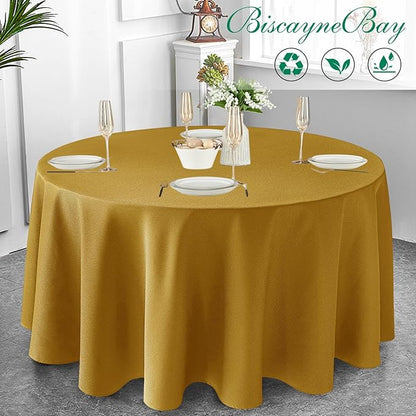 Biscaynebay Textured Fabric Christmas Round Table Cloth 90", Gold Water Resistant Washable Folding Table Covers for Dining, Kitchen, Wedding, Parties Machine Washable