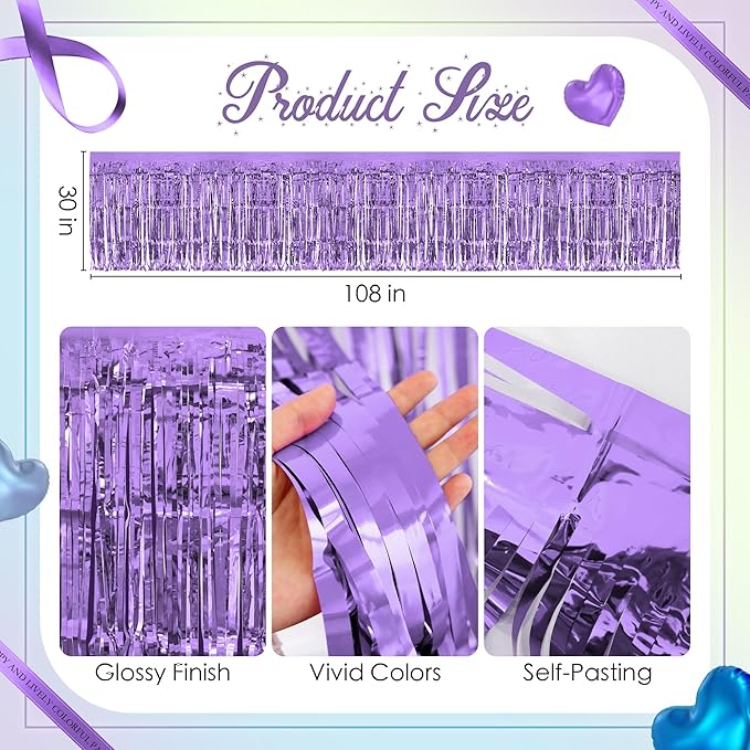 4 Pack Blue Lime Green Purple Series Table Skirts, 29x108" Metallic Foil Tinsel Fringe Table Skirt for Rectangle Tables Streamer Curtains Backdrop, Party Decorations for Birthdays, Weddings, Holidays