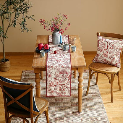 ISAENNE Designer Chinoiserie Elegant Linen Table Runner 71 Inches Long,Red Floral Pattern Decor Table Runners for Thanksgiving,Dining Room,Banquet,Kitchen Tables,Christmas,12"*71"-Ruyi A