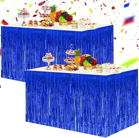 BEISHIDA 2 Pack Dark Blue Table Skirts with Metallic Tinsel Foil Fringe for Rectangle and Round Tables - Birthday & Holiday Party Decorations