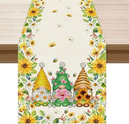 XCHI Yellow White Daisies Flowers Gnomes Spring Table Runner Burlap Table Decoration for Summer Seasonal Home Kitchen Dining Dinner Indoor Holiday Farmhouse Decor 13x108 Inch