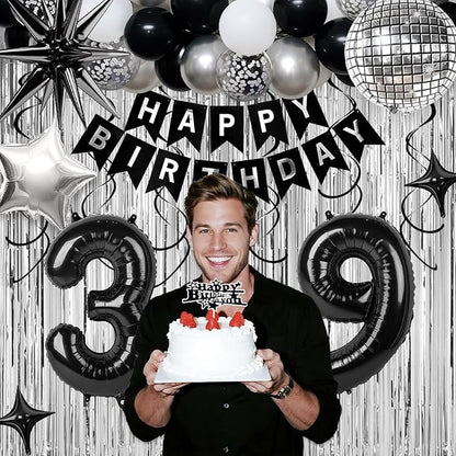39th Birthday Decorations for Men Women, Black Silver Happy Birthday Party Decorations， 39 Year Old Party Supplies with Number 39 Balloons, Banner, Fringe Curtains Kit