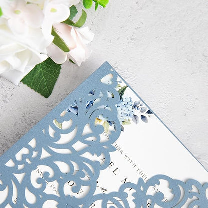 20Pcs Dusty Blue Laser Cut Invitation Cards With Blank Inner Sheets for Wedding Cards Bridal Shower Engagement Quinceanera Invitation (No Envelopes)