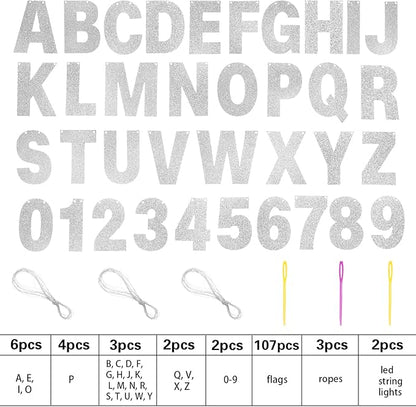 TaoBary 112 Pcs DIY Letter Kit Glitter Customizable Banner Letters Include 107 Letters and Numbers 3 Rope and 2 Needles for Birthday Halloween Christmas Wedding Valentine Party Decor(Silver)
