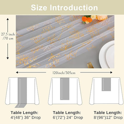 Snowkingdom Fall Table Runner, 10ft Gold Maple Leaves Gauze Chiffon Table Runners, Thanksgiving Decoration Sheer Cheesecloth Runner for Autumn Harvest Glitter White Sparkle Dining Party Decor 120 Inch