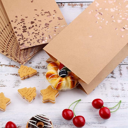 Cooraby 30 Pieces Kraft Paper Bronzing Rose Gold Bags with 48 Stickers Candy Gift Paper Bags for Wedding, Birthday, Tea Party, Gift, and Party Celebrations
