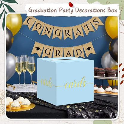 QIKSION Light Blue Wedding Card Box, Gold Foil Gift Card Box for Party, Wedding Reception, Birthday, Baby Shower, Raffle, Graduation