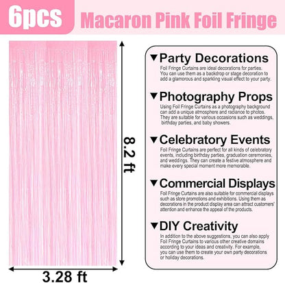 6 Pack Macaron Pink Foil Fringe Curtain Backdrop, 3.28Ft x 8.2Ft Metallic Tinsel Foil Fringe Streamer Curtains for Photo Booth, Birthday, Wedding, New Year Party Decorations