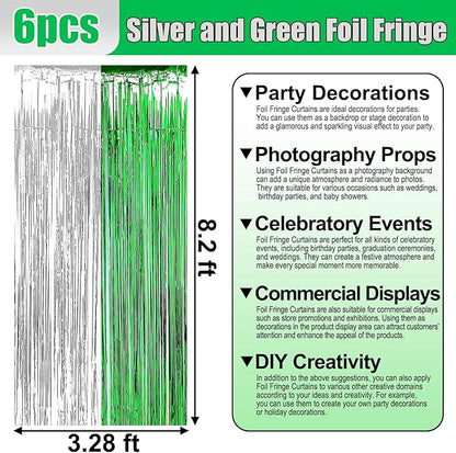 6 Pack Silver Green Foil Fringe Curtain Backdrop, 3.28Ft x 8.2Ft Metallic Tinsel Foil Fringe Streamer Curtains for Photo Booth, Birthday, Wedding, New Year Party Decorations