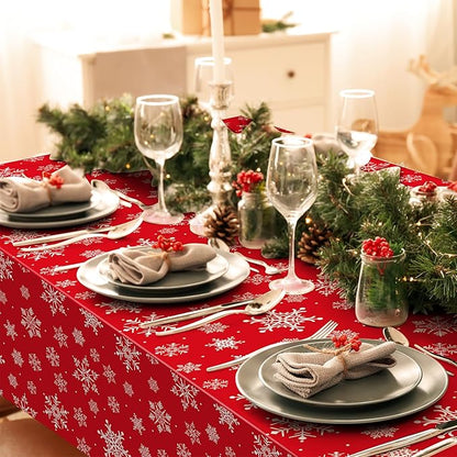 Jectivs 12 Pieces Christmas Snowflake Plastic Party Tablecloth Decorations,White Snowflake Red Xmas Backdrop Sign Table Cover Banner for Winter Christmas Holiday Party Supplies,54x108 inch (Red)