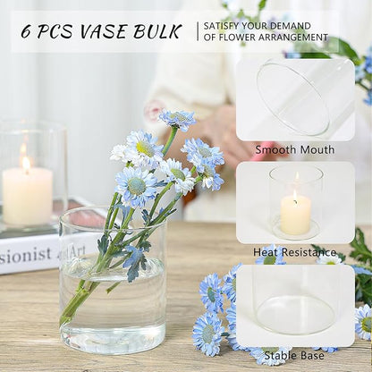 Glass Cylinder Vase Set of 6 for Centerpieces, 5 Inch Short Clear Flower Vases Bulk, Glass Hurricane Candle Holder for Table, Floating Candle Vases for Wedding Home Décor