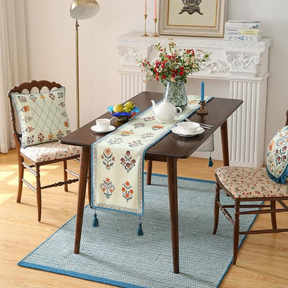 ISAENNE Designer Light Green Linen Extra Long Table Runner 118 Inches,French Floral Patterns Elegant Table Runner for Dining Tables,Thanksgiving,Kitchen Tables,Christmas,12"*118"-Floralsea B