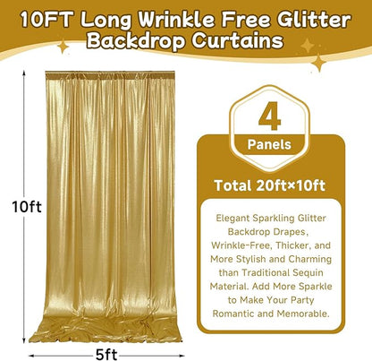 20x10ft Thick Gold Glitter Backdrop Curtain Panels for Parties, Wrinkle Free Sparking Sequin Backdrop Drapes, 4 Panels 5x10ft Shimmer Photo Back Drop Cloth for Wedding Birthday Photography