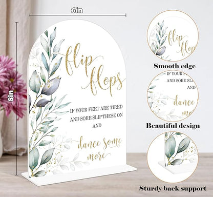 Acrylic Wedding Signs, Greenery Theme Flip Flops Sign, Wedding Reception Signage, Bridal Shower Table Decor with Stand, Engagement, Anniversary, Newlywed Events Supplies for Dance Floor Decor, 13