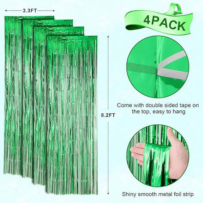 4 Pack Green Foil Fringe Backdrop Curtains, Tinsel Streamers Birthday Party Decorations, Fringe Backdrop for Graduation, Baby Shower, Gender Reveal, Disco Party