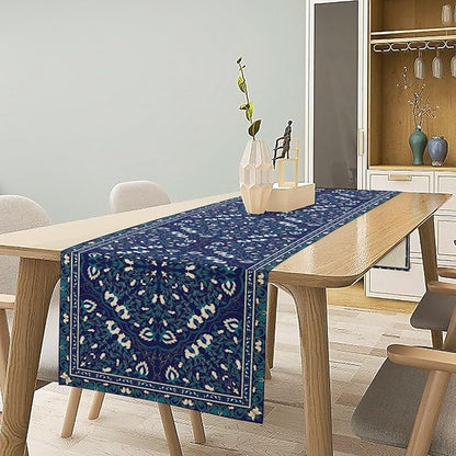 Boho Floral Vintage Table Runner, Retro Morris Abstract Blue Flower Rustic Country Farmhouse Pattern for Home Kitchen Table Decor Dining Coffee Room Wedding Party Decor 13x72in