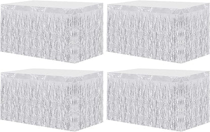 4 Pack 29.5x108 Inch Metallic Foil Fringe Tinsel Table Skirts, Streamer Garland Curtains Backdrop for Rectangle Tables Wedding Birthday Parade Floats Christmas Party Decoration(Silver)