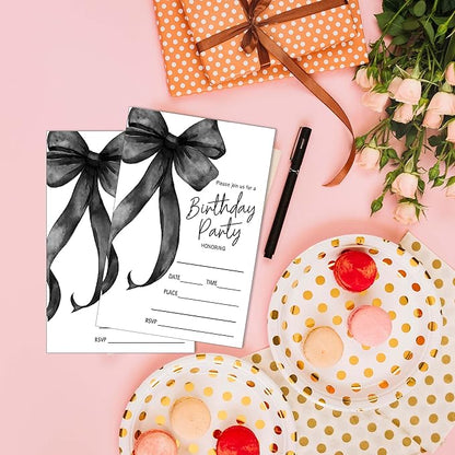 SIXEIGHT Black Bow Birthday Invitations, Black Ribbon Bow Birthday Party Invitations, 20 Party Invitations with Envelopes for Girls Boys, Birthday Party Favor & Decoration (4"x6")-A02
