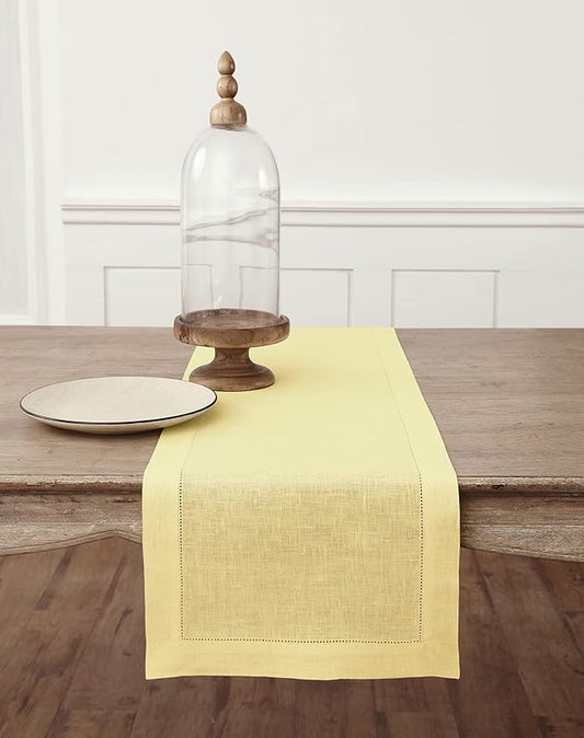 Solino Home Linen Yellow Table Runner 132 Inches Long - 100% Pure Linen Extra Long Table Runner 14 x 132 Inch - Classic Hemstitch