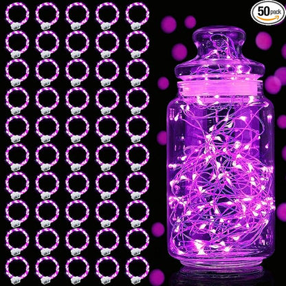 Aogist 50 Pack Fairy Lights 3 Modes 7ft 20 LED Waterproof,Battery Operated Silver Wire Firefly Starry Moon Mini String Lights for Mason Jars Christmas DIY Crafts Wedding Party Bedroom,Pink