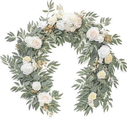 Floroom 6ft Artificial Eucalyptus Garland with Flowers Fake Greenery Faux Floral Vine Garland for Table Decor Wedding Centerpieces Bridal Shower Party Decorations, Cream White