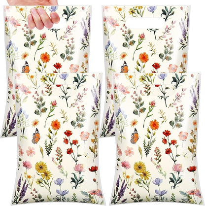 100 Pcs Wildfloral Gift Bags Vintage Wildflower Party Favor Bag with Handle Wildfloral Plastic Goodie Candy Treat Gift Wrapping for Summer Baby Shower Birthday Wedding Party Supplies (White)