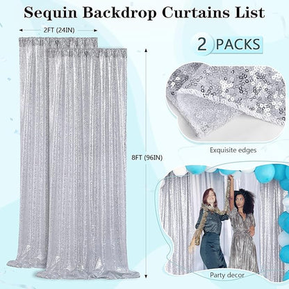 Silver Sequin Backdrop 2 Panels 2FTx8FT Christmas Party Backdrop Curtains Glitter Photo Background for Wedding Baby Shower Stage Decorations