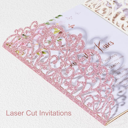 25pcs Glitter Laser Cut Wedding Invitation Kits Pink Personalized Invitation Pockets 5×7 Invitations with Envelopes and RSVP Cards Blank for Wedding Quinceanera Bridal Shower Engagement Birthday Party