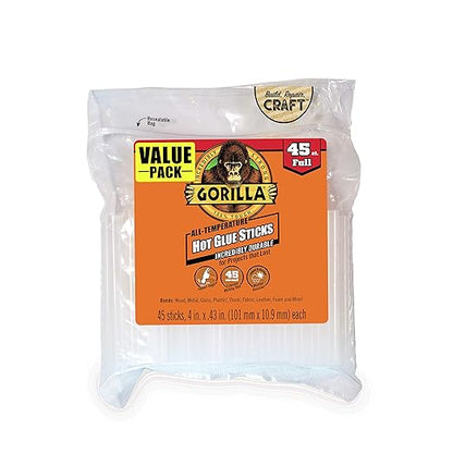 Gorilla Hot Glue Sticks, Clear Glue, Full Size 4" Long x 0.43" Diameter, 45 Count (Pack of 4) - Safe for All Temperatures with Extended Working Time
