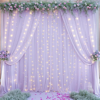 10ft x 7ft Lavender Chiffon Backdrop Curtain with Lights String for Parites Wedding Wrinkle Free Curtain Photo Backdrops Drapes for Baby Shower Birthday Party Home Decorations
