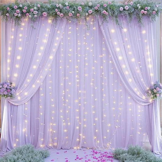 10ft x 10ft Lavender Chiffon Backdrop Curtain with Lights String for Parites Wedding Wrinkle Free Curtain Photo Backdrops Drapes for Baby Shower Birthday Party Home Decorations
