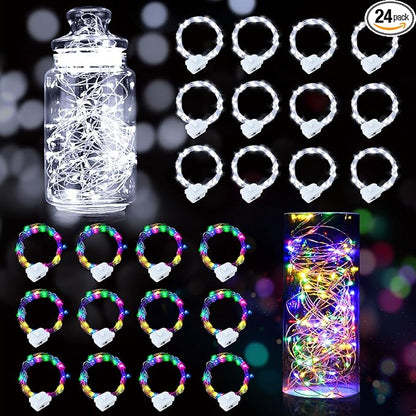 pozzolanas 24 Pack 7ft Waterproof LED Fairy Lights - Battery Operated String Lights with 20 LEDs for Home, Mason Jar, Party, Wedding, Halloween, Christmas Decorations (12 Multicolor & 12 White)