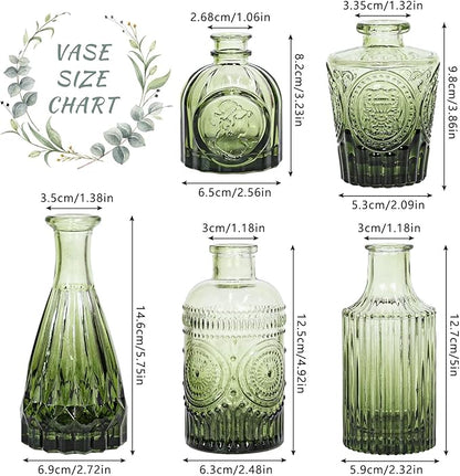 Glass Bud Vase Set of 5, Green Small Flower Vases for Centerpieces in Bulk, Mini Vintage Vase for Rustic Wedding, Home,Table Decoration