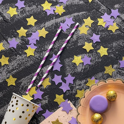 Gold and Purple Star Confetti Table Decoration for Graduation Birthday Retirement Wedding Pride Theme Party,1.2 inch in Diameter,200 Counts