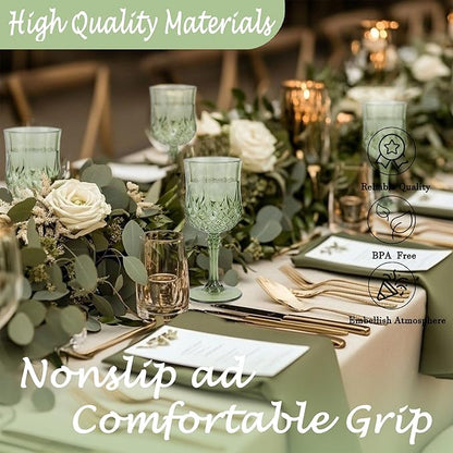 Plastic Wine Glasses，Plastic Goblets Vintage Style Cordial Drinking Glasses for Wedding Reception, Grand Event Party Supplies (24, New Green)
